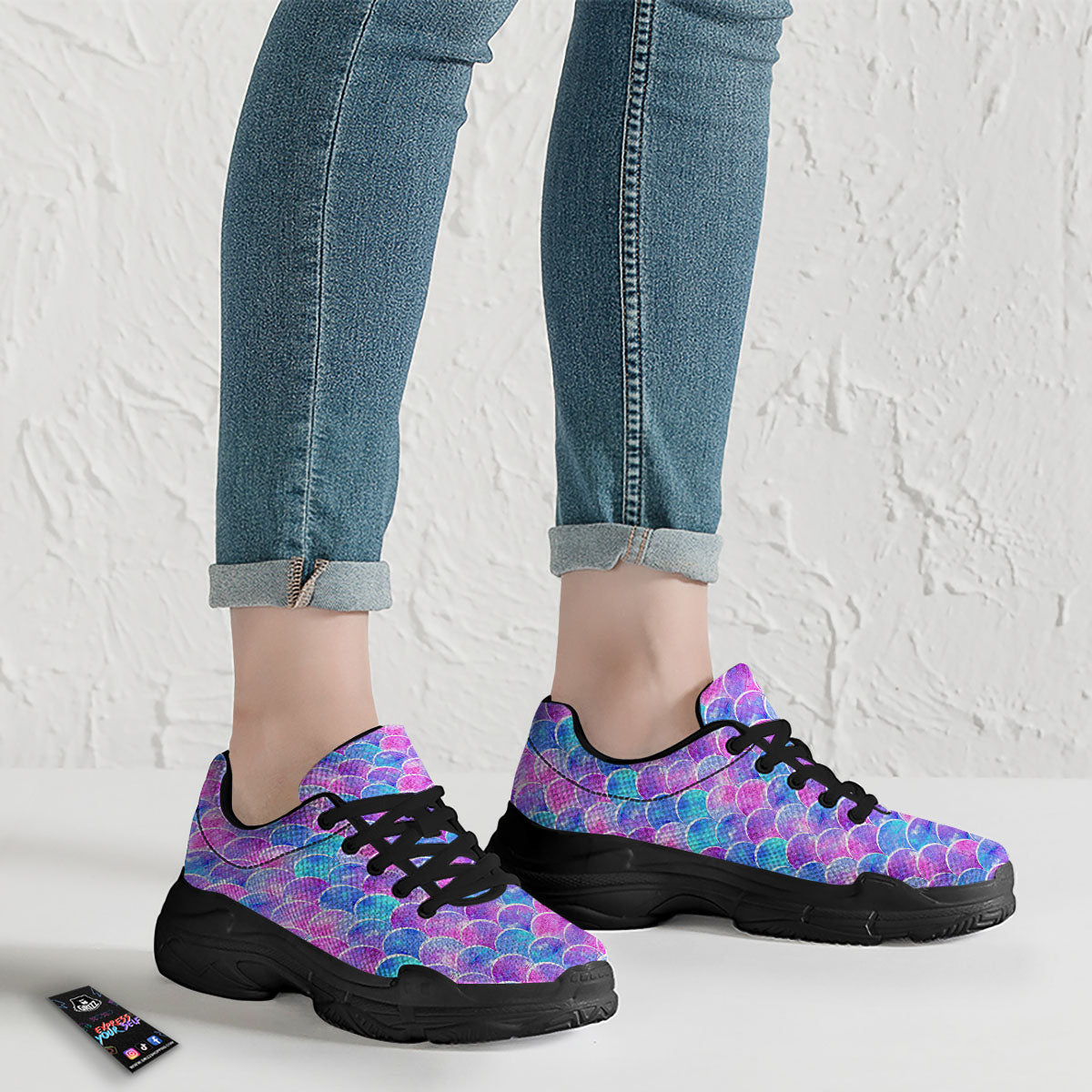 Mermaid Scales Sea Blue Print Pattern Black Chunky Shoes-grizzshop