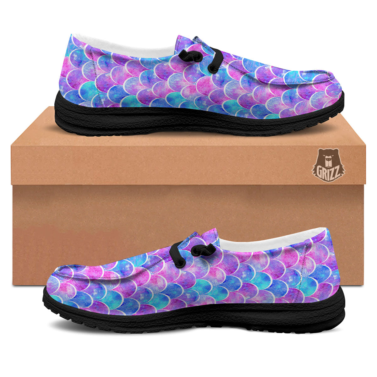 Mermaid Scales Sea Blue Print Pattern Black Loafers-grizzshop