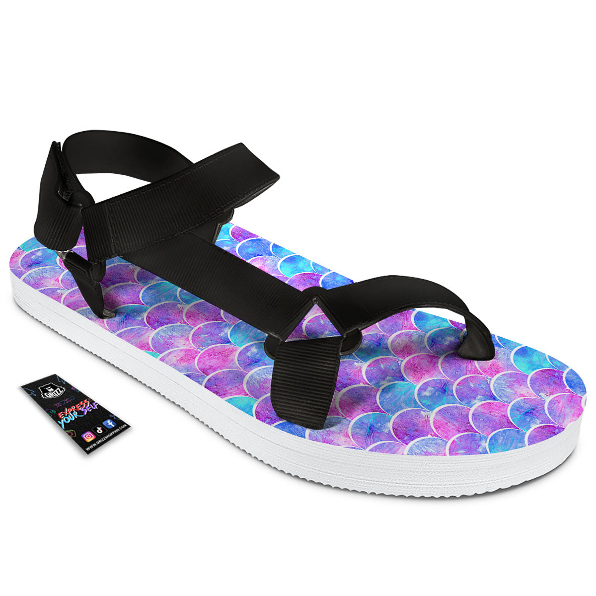 Mermaid Scales Sea Blue Print Pattern Black Open Toe Sandals-grizzshop