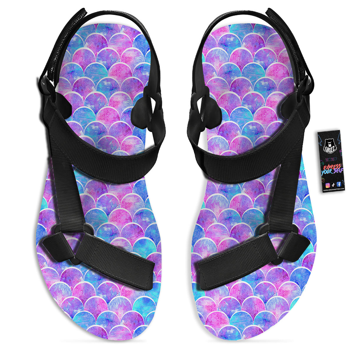 Mermaid Scales Sea Blue Print Pattern Black Open Toe Sandals-grizzshop