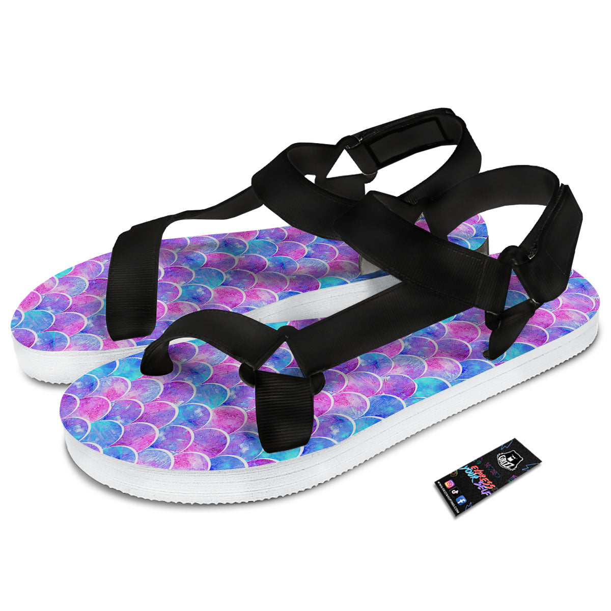Mermaid Scales Sea Blue Print Pattern Black Open Toe Sandals-grizzshop