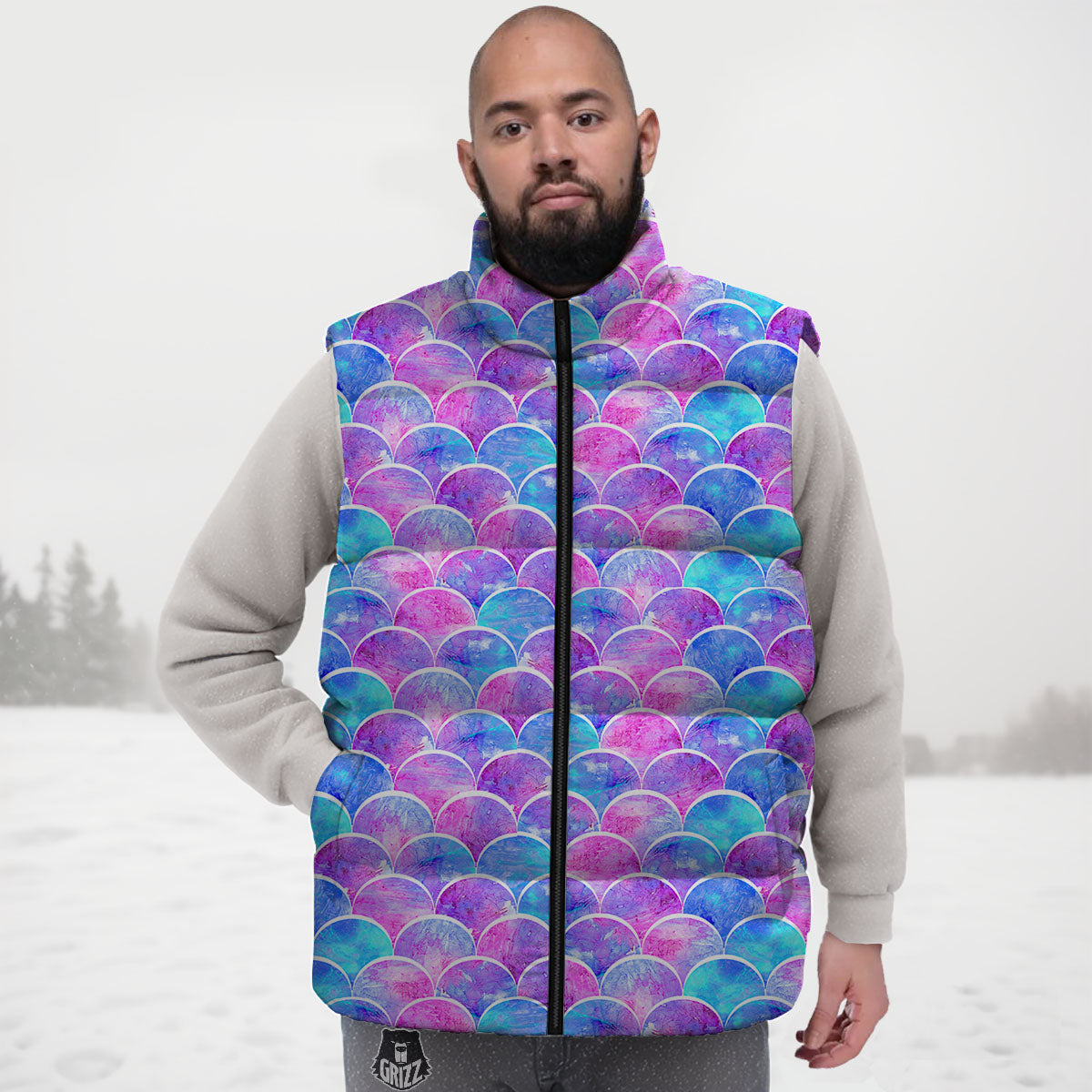 Mermaid Scales Sea Blue Print Pattern Down Vest
