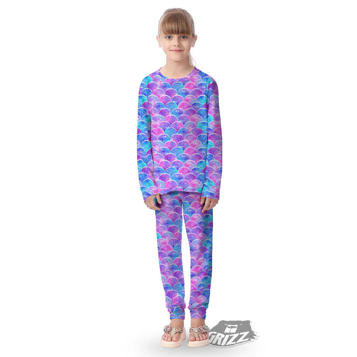 Mermaid Scales Sea Blue Print Pattern Kid's Pajamas-grizzshop