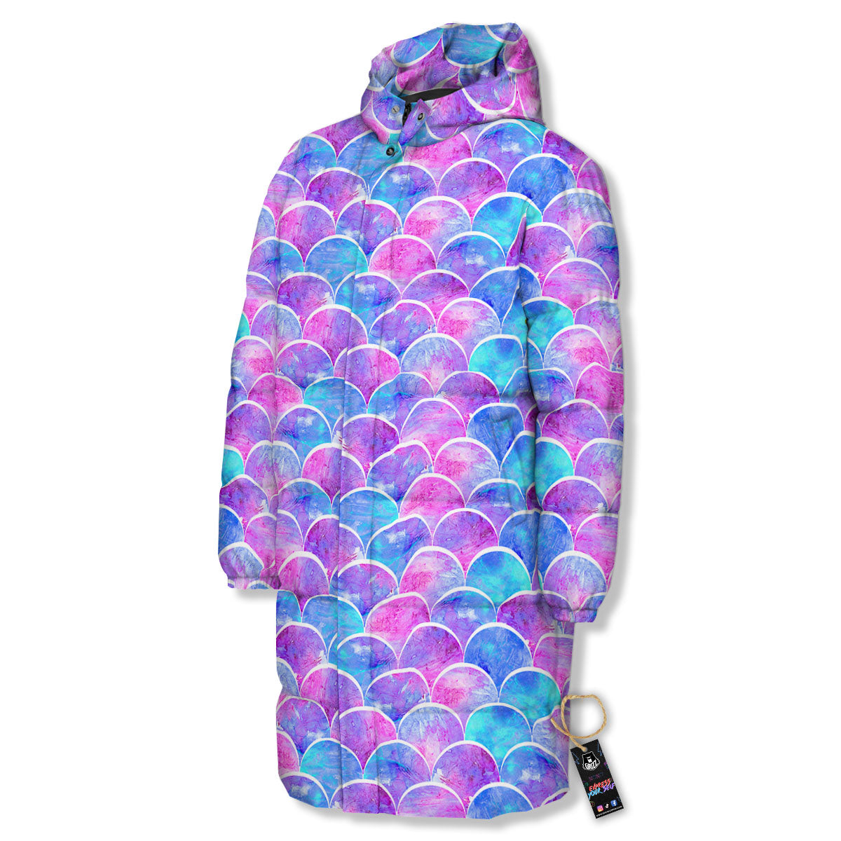 Mermaid Scales Sea Blue Print Pattern Long Down Jacket-grizzshop
