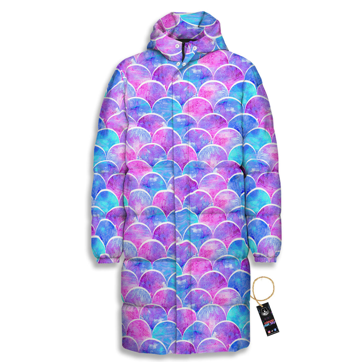 Mermaid Scales Sea Blue Print Pattern Long Down Jacket-grizzshop
