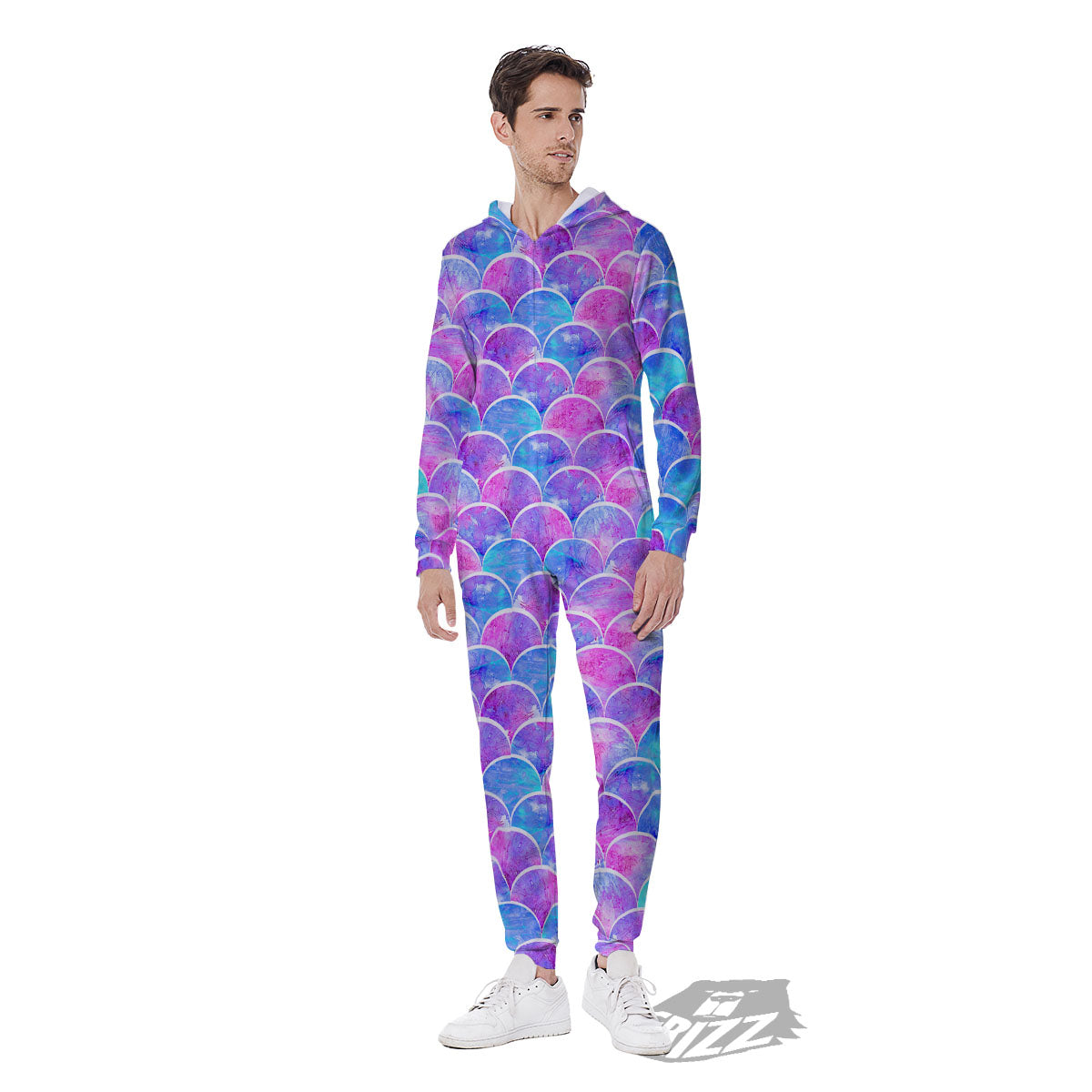 Mermaid Scales Sea Blue Print Pattern Men's Jumpsuit-grizzshop