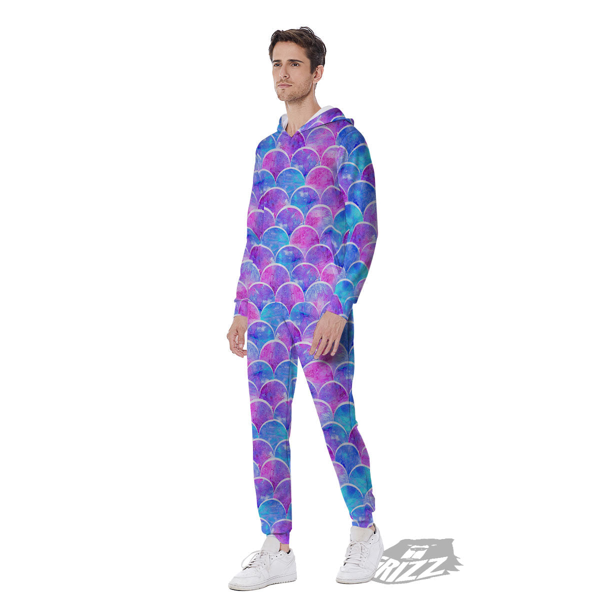 Mermaid Scales Sea Blue Print Pattern Men's Jumpsuit-grizzshop