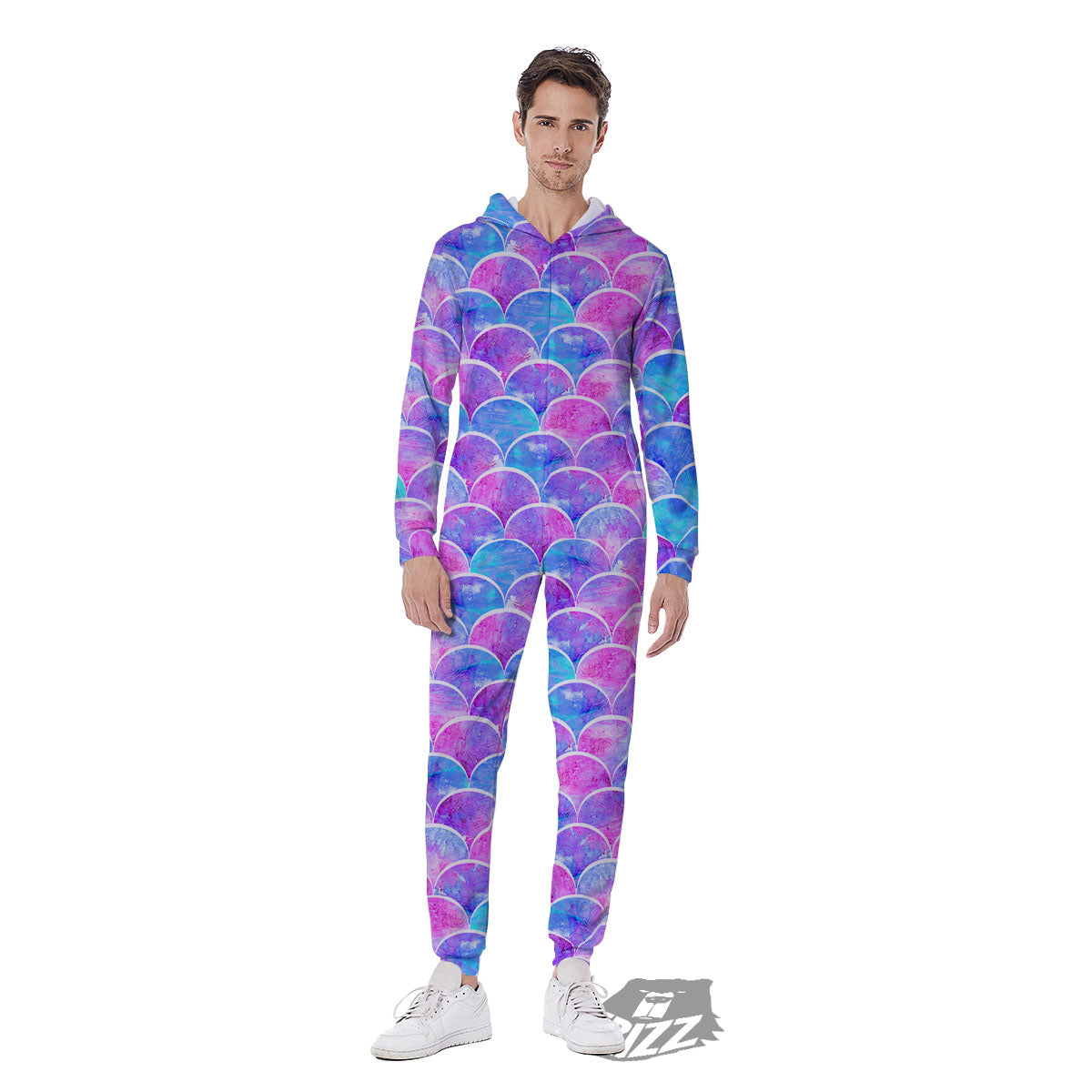 Mermaid Scales Sea Blue Print Pattern Men's Jumpsuit-grizzshop