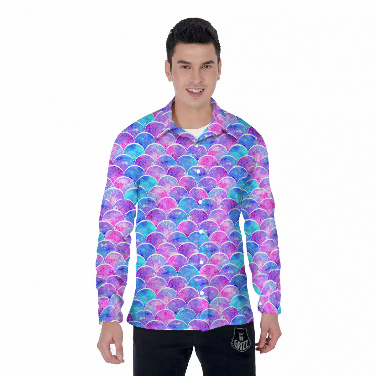 Mermaid Scales Sea Blue Print Pattern Men's Long Sleeve Shirts-grizzshop