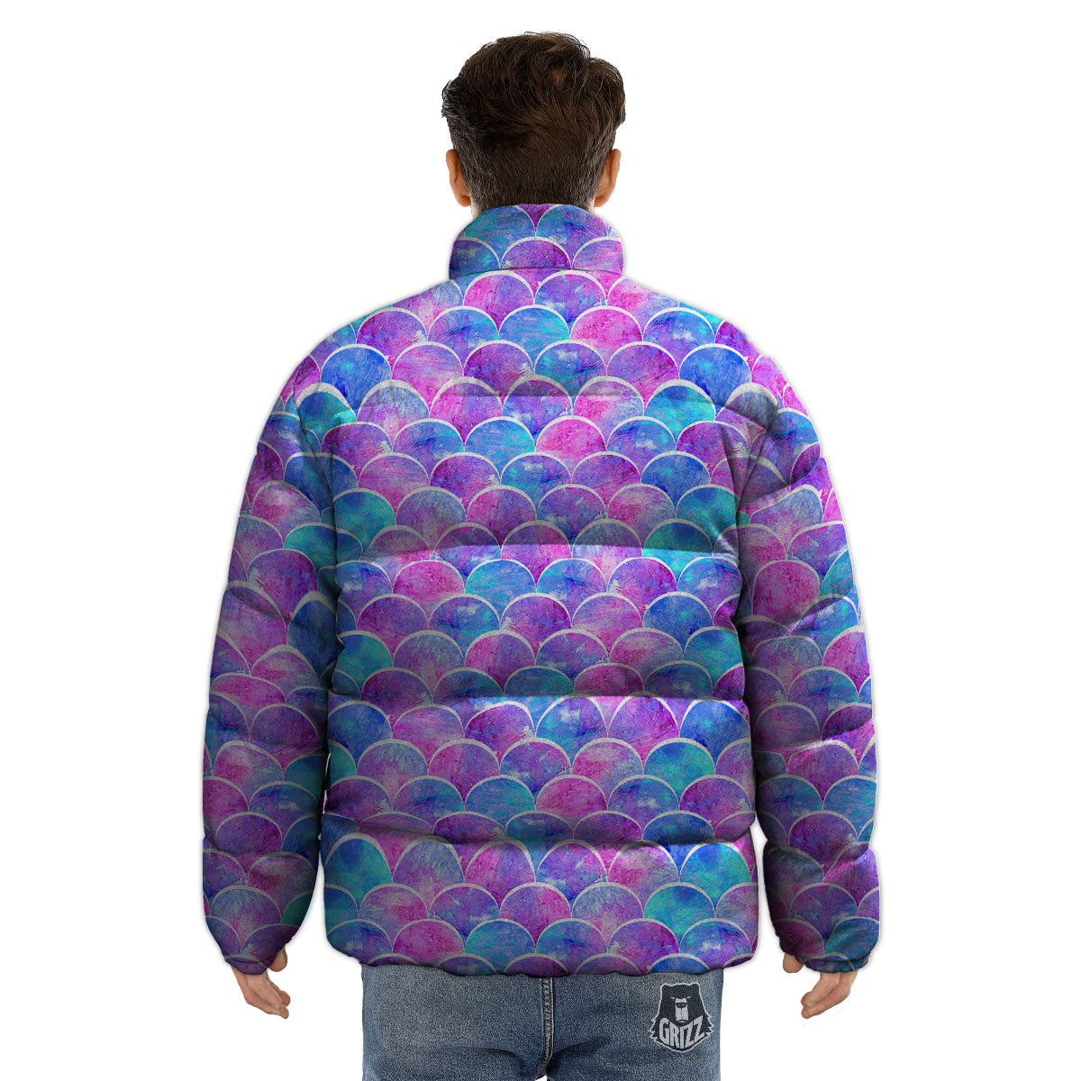 Mermaid Scales Sea Blue Print Pattern Puffer Jacket-grizzshop
