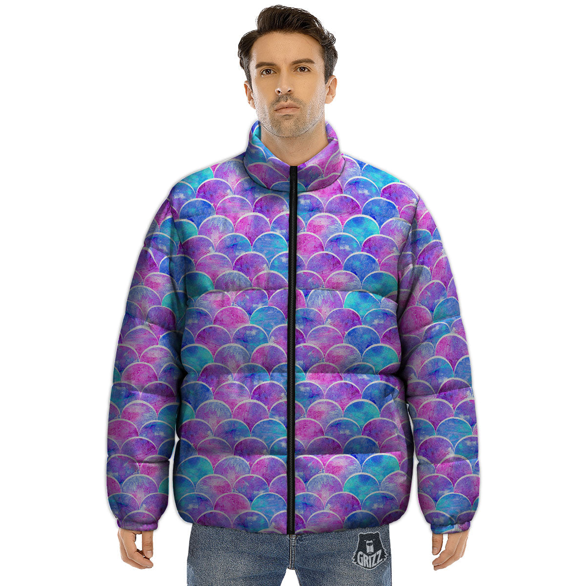 Mermaid Scales Sea Blue Print Pattern Puffer Jacket-grizzshop