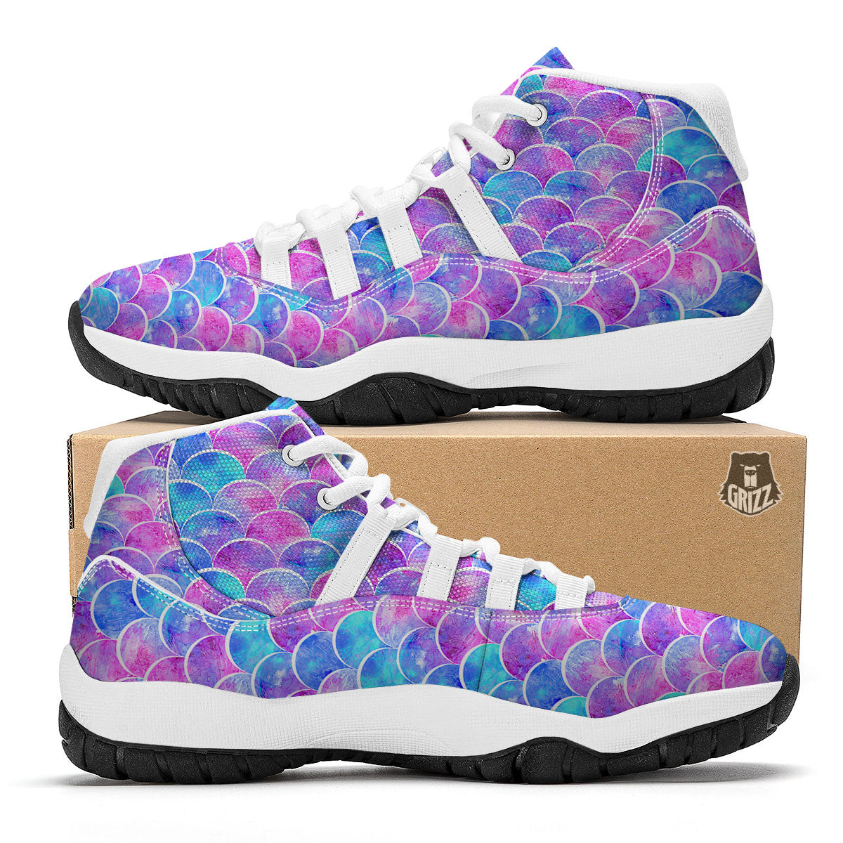 Mermaid Scales Sea Blue Print Pattern White Bball Shoes-grizzshop