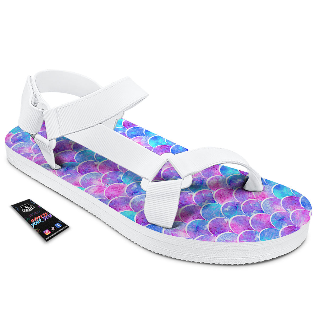 Mermaid Scales Sea Blue Print Pattern White Open Toe Sandals-grizzshop