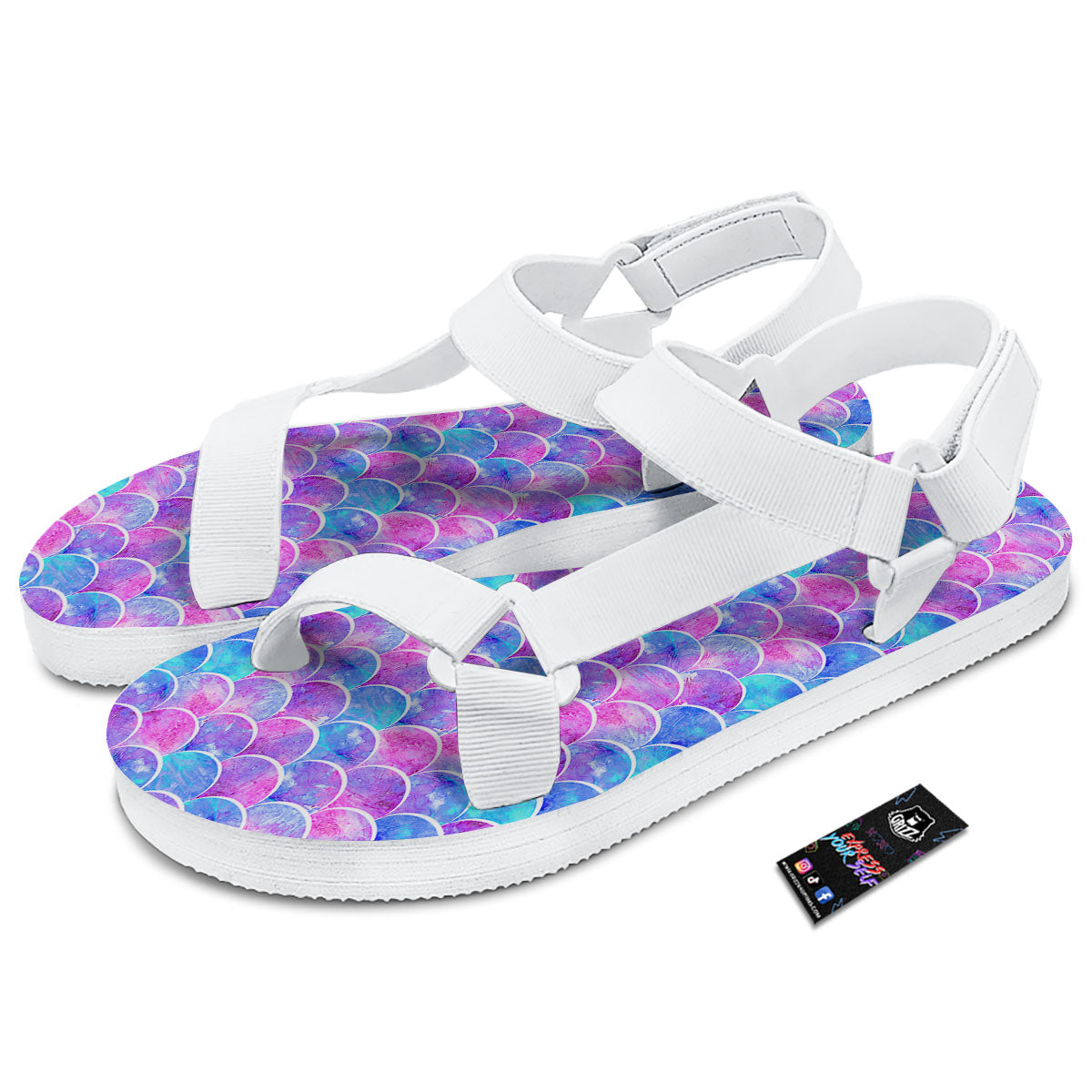 Mermaid Scales Sea Blue Print Pattern White Open Toe Sandals-grizzshop