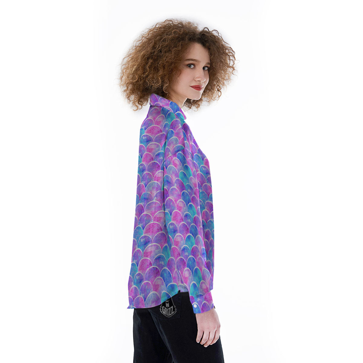Mermaid Scales Sea Blue Print Pattern Women's Long Sleeve Shirts-grizzshop