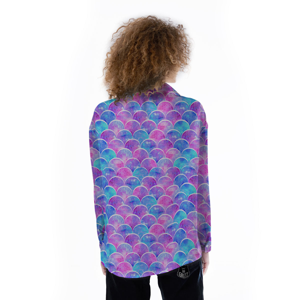 Mermaid Scales Sea Blue Print Pattern Women's Long Sleeve Shirts-grizzshop