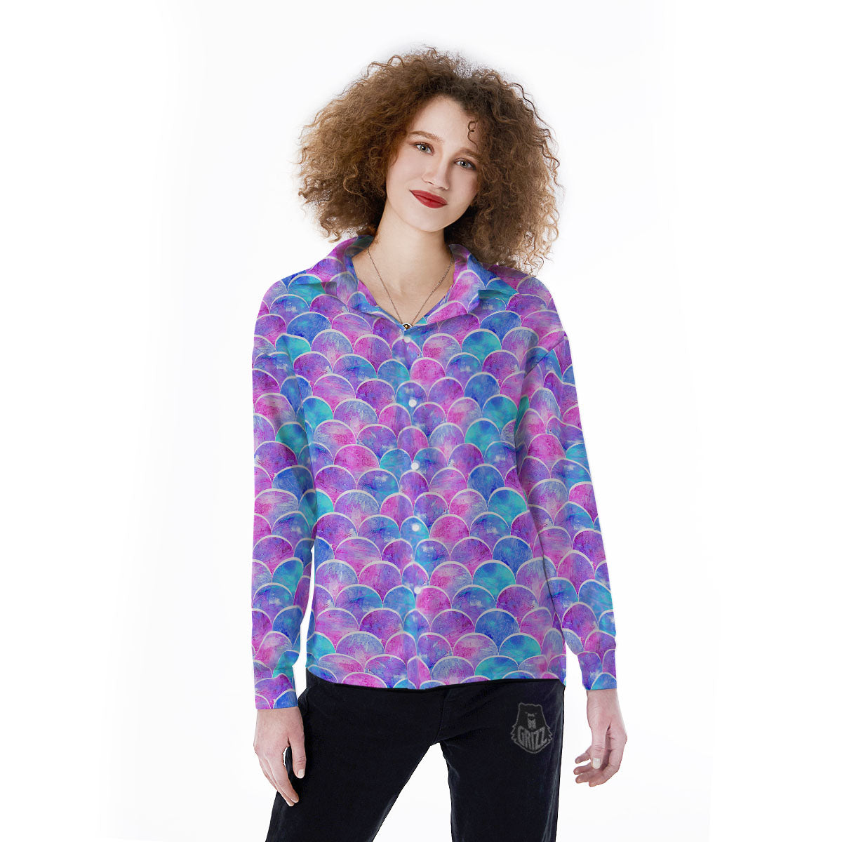 Mermaid Scales Sea Blue Print Pattern Women's Long Sleeve Shirts-grizzshop