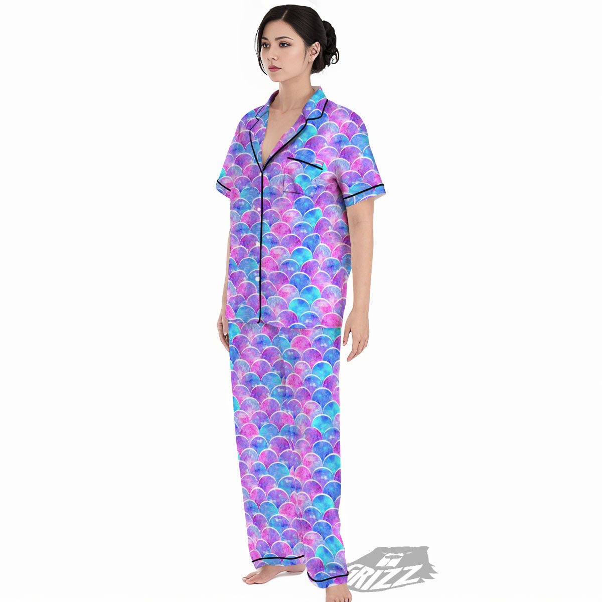 Mermaid Scales Sea Blue Print Pattern Women's Pajamas Set-grizzshop