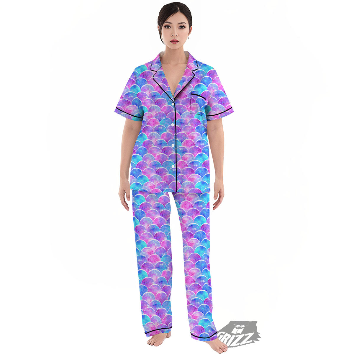 Mermaid Scales Sea Blue Print Pattern Women's Pajamas Set-grizzshop