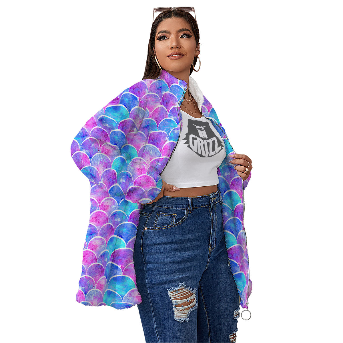 Mermaid Scales Sea Blue Print Pattern Women's Sherpa Jacket-grizzshop