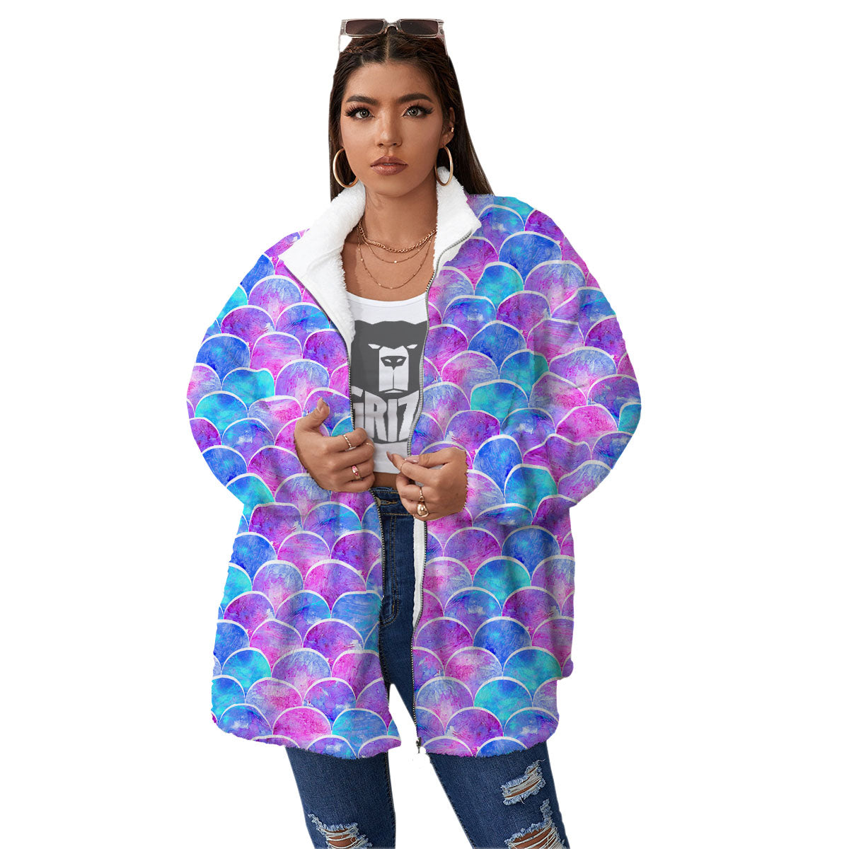 Mermaid Scales Sea Blue Print Pattern Women's Sherpa Jacket-grizzshop