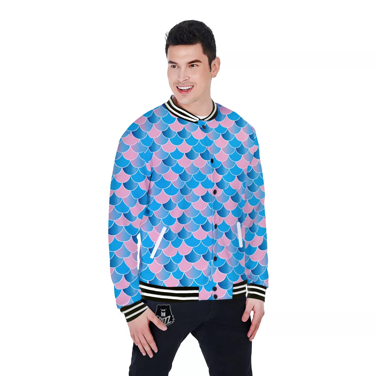 Mermaid Scales Teal Pink Print Pattern Baseball Jacket-grizzshop