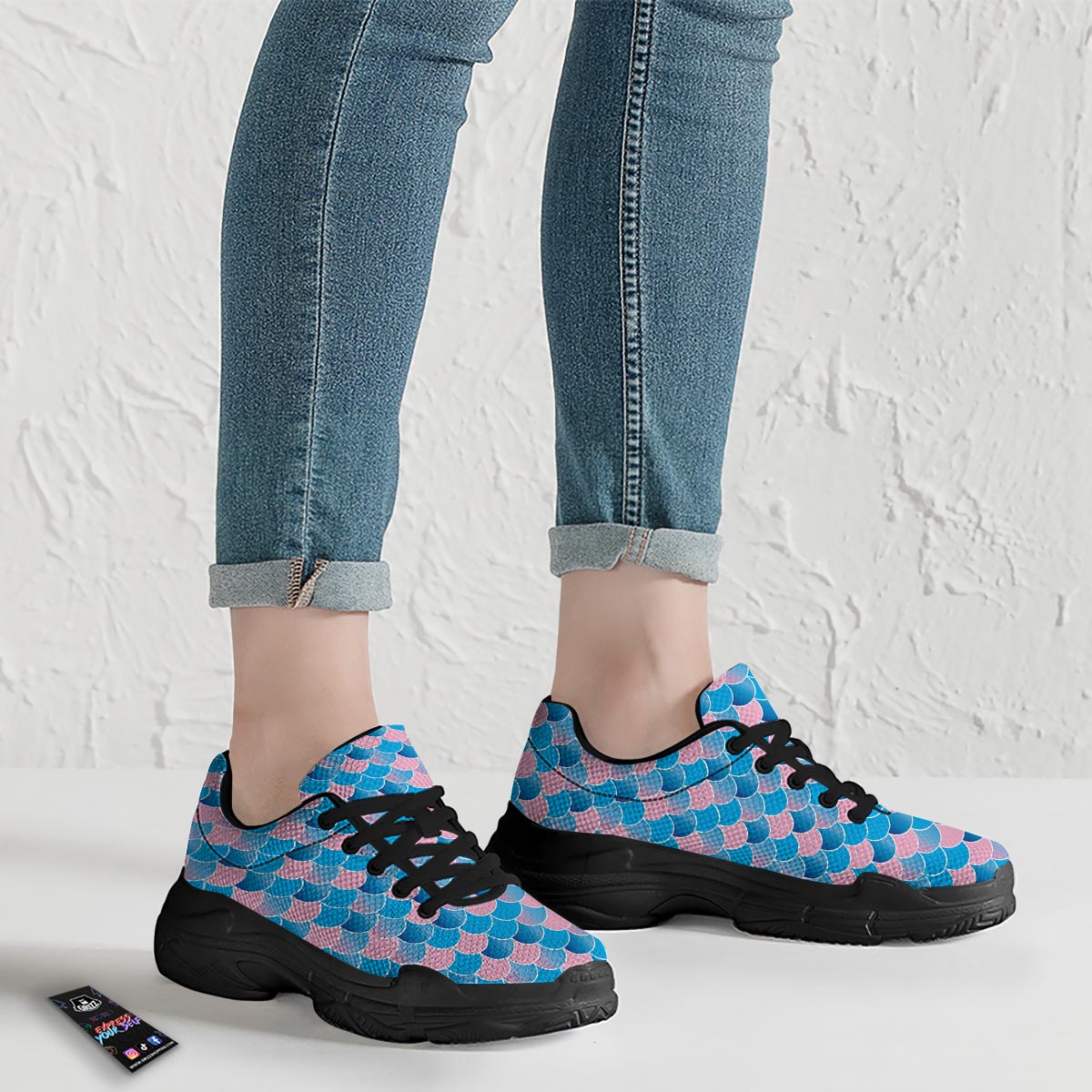 Mermaid Scales Teal Pink Print Pattern Black Chunky Shoes-grizzshop