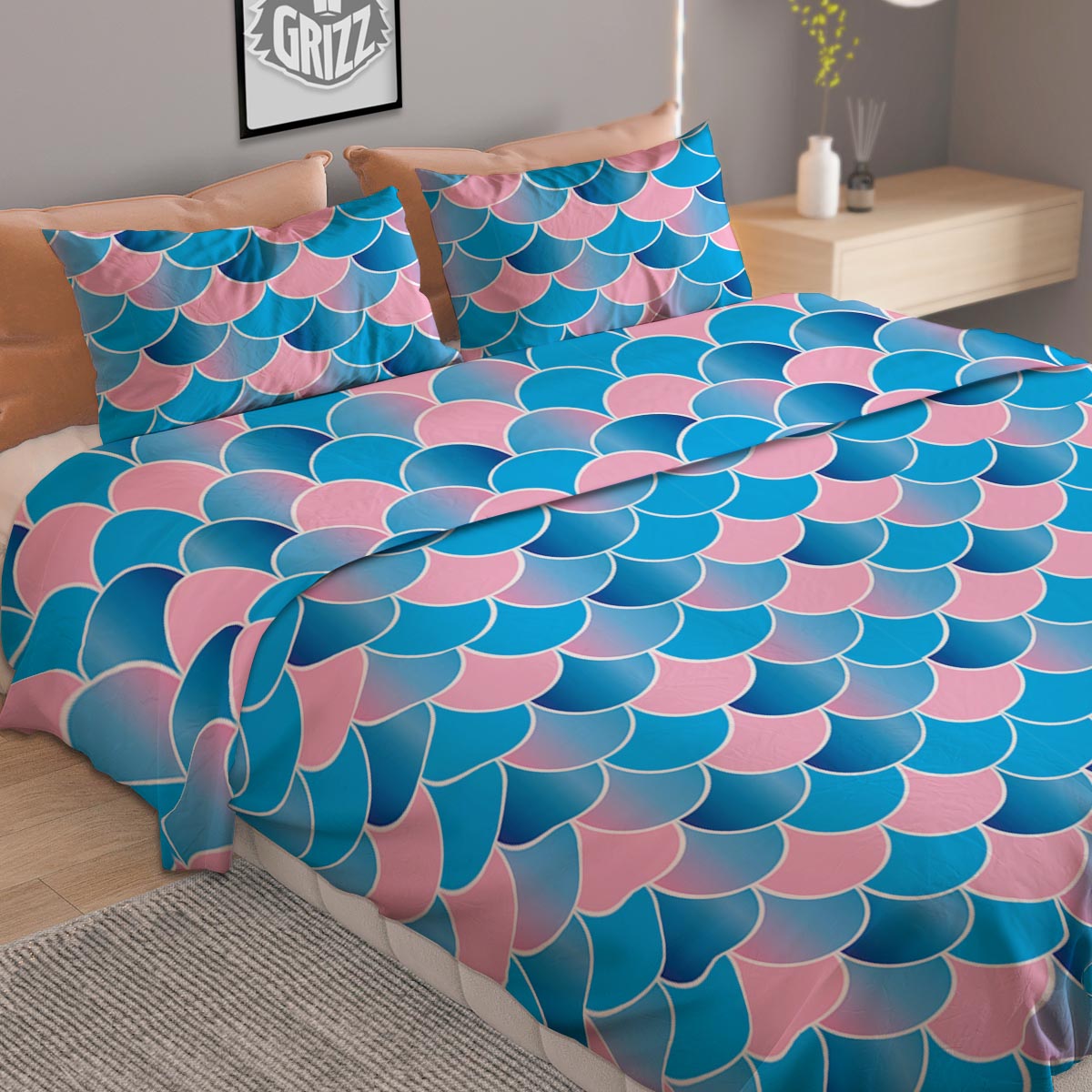 Mermaid Scales Teal Pink Print Pattern Duvet Cover Bedding Set
