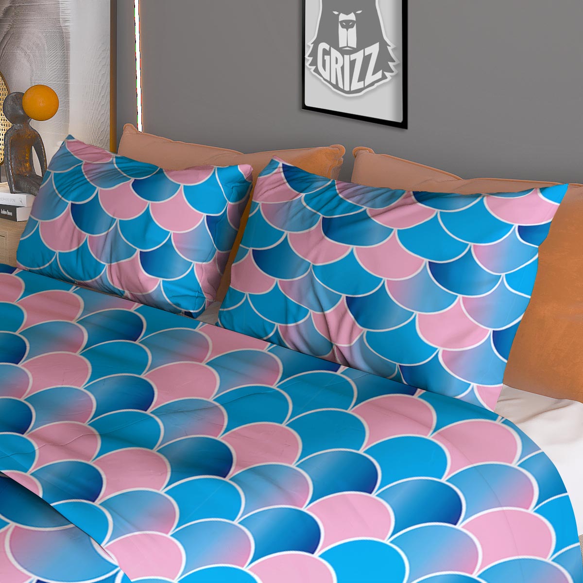 Mermaid Scales Teal Pink Print Pattern Duvet Cover Bedding Set