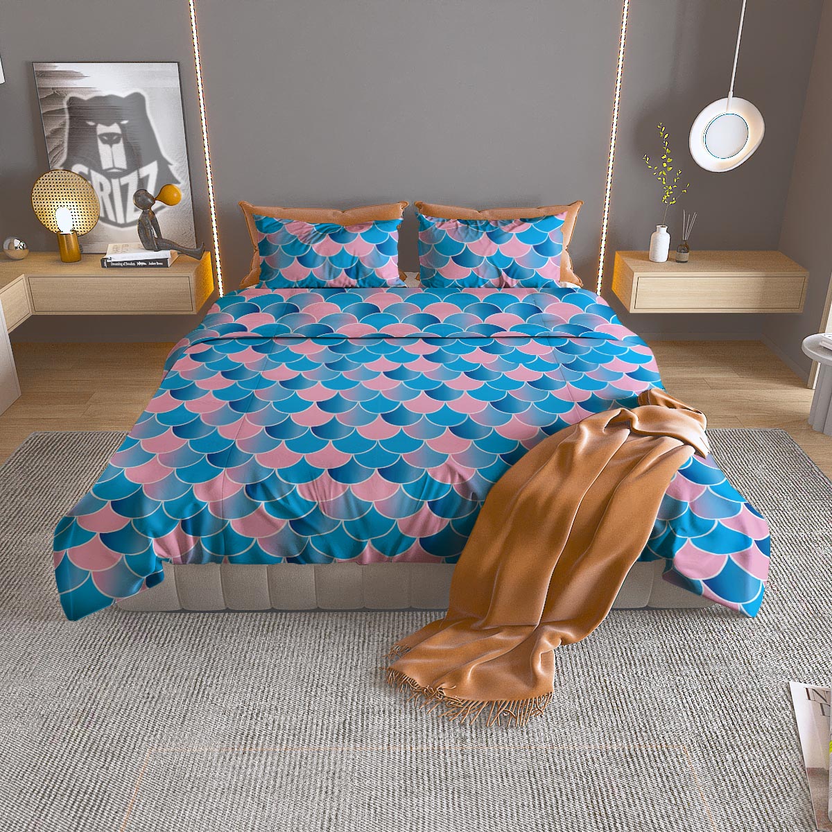 Mermaid Scales Teal Pink Print Pattern Duvet Cover Bedding Set