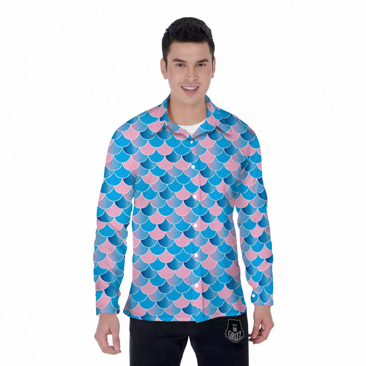 Mermaid Scales Teal Pink Print Pattern Men's Long Sleeve Shirts-grizzshop
