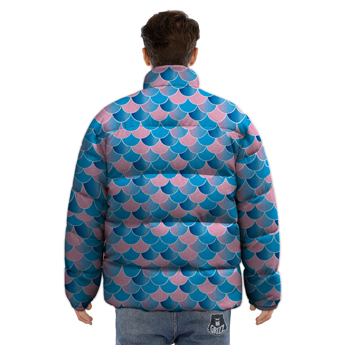 Mermaid Scales Teal Pink Print Pattern Puffer Jacket-grizzshop