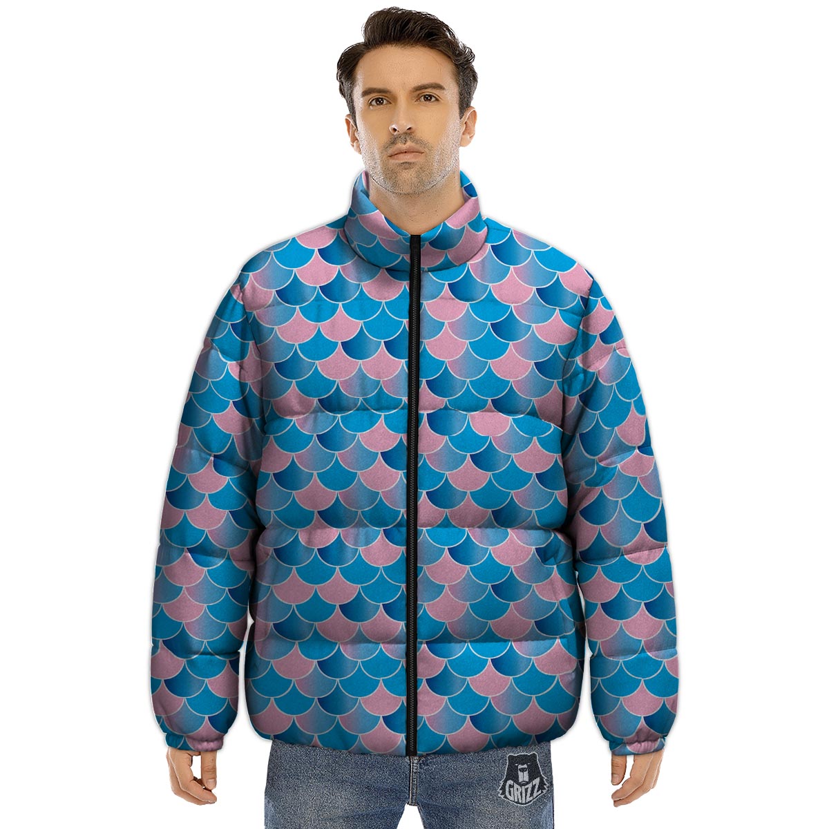 Mermaid Scales Teal Pink Print Pattern Puffer Jacket-grizzshop
