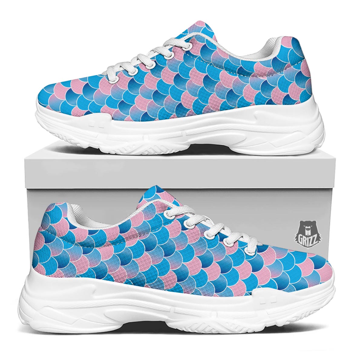 Mermaid Scales Teal Pink Print Pattern White Chunky Shoes-grizzshop