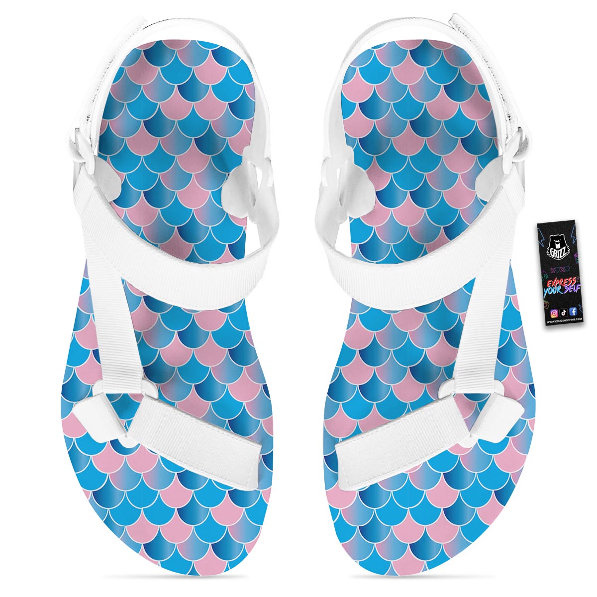 Mermaid Scales Teal Pink Print Pattern White Open Toe Sandals-grizzshop