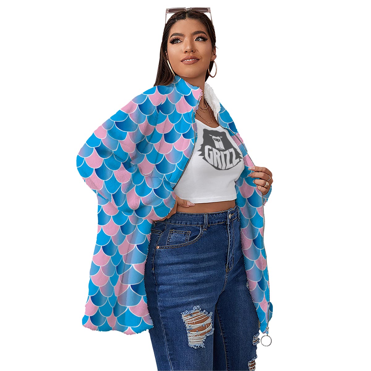 Mermaid Scales Teal Pink Print Pattern Women's Sherpa Jacket-grizzshop