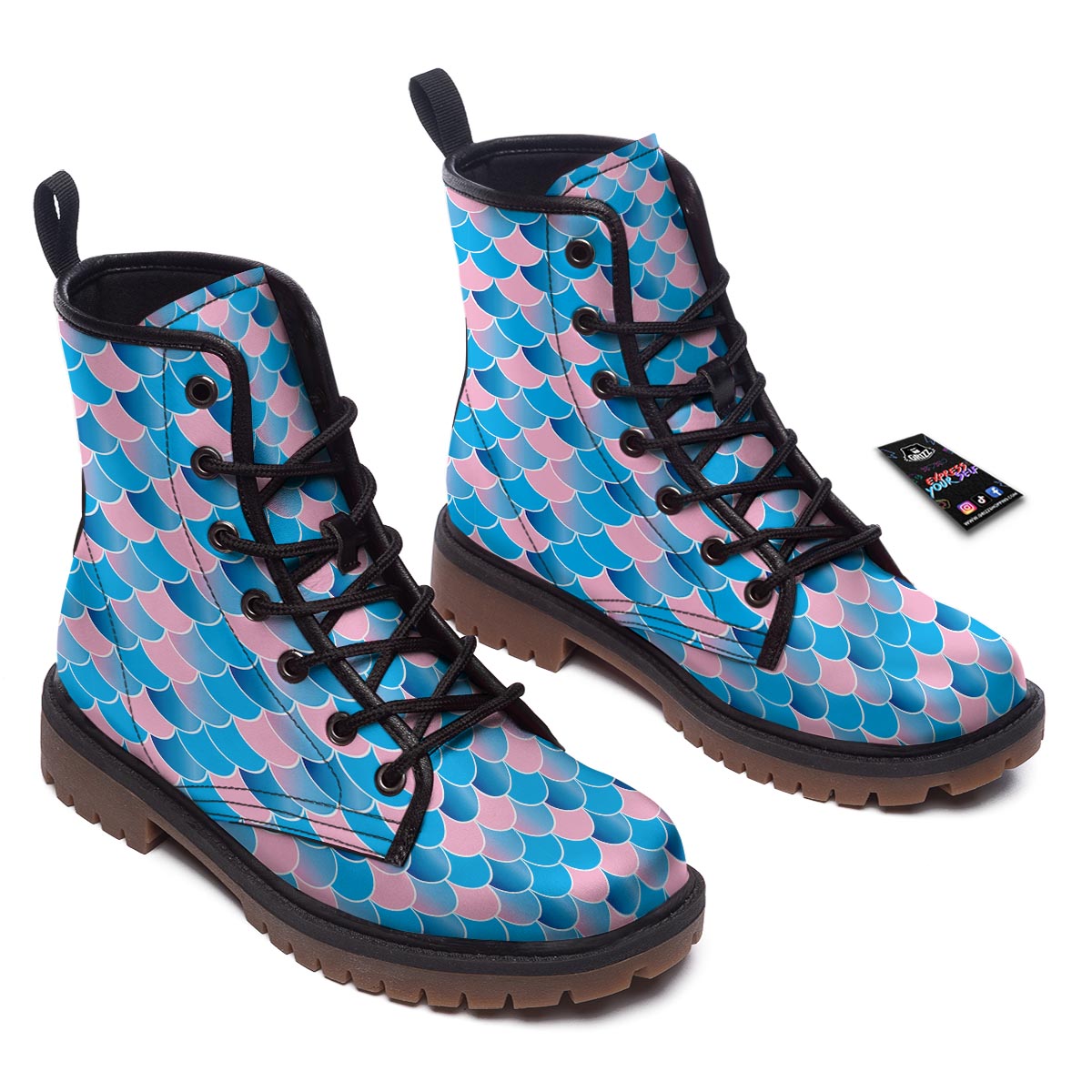 Mermaid Scales Teal Pink Print Pattern Work Boots-grizzshop