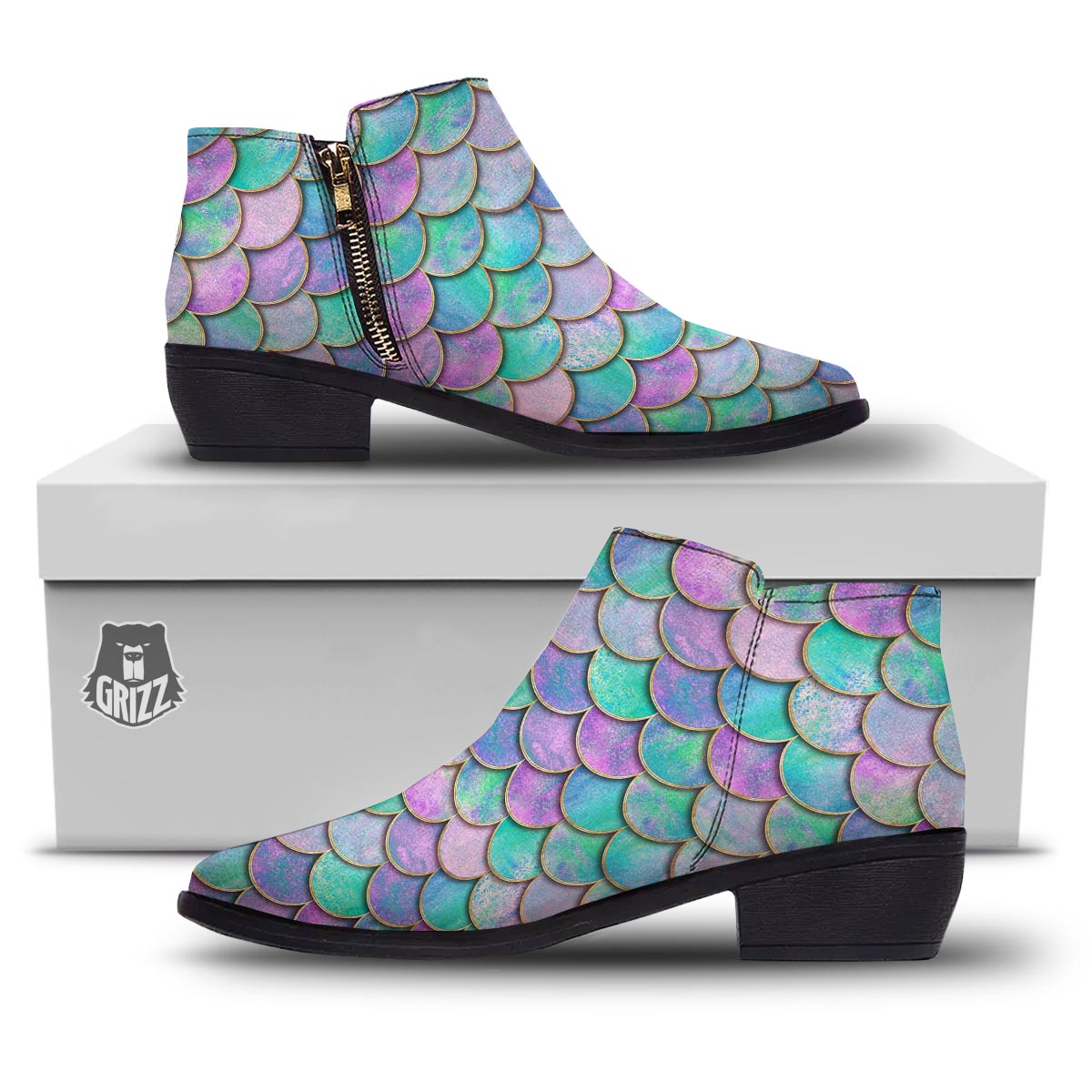 Mermaid Scales Teal Purple Print Pattern Ankle Boots-grizzshop