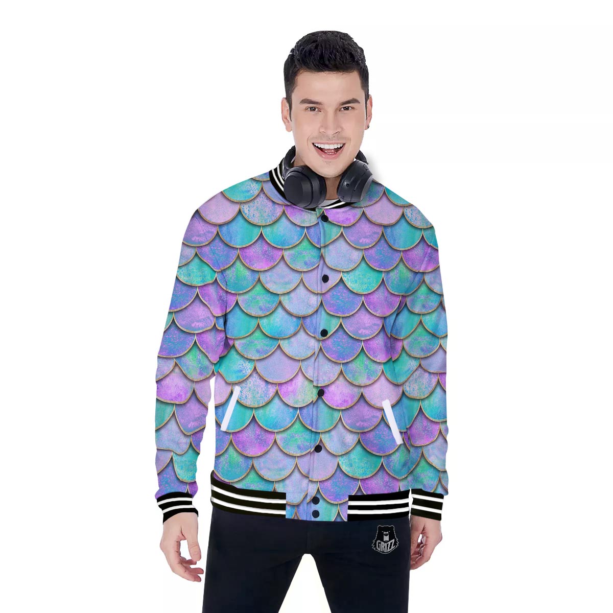 Mermaid Scales Teal Purple Print Pattern Baseball Jacket-grizzshop