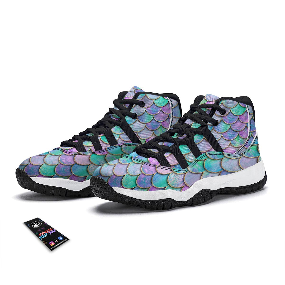 Mermaid Scales Teal Purple Print Pattern Black Bball Shoes-grizzshop