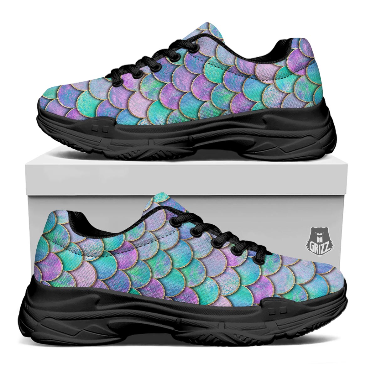 Mermaid Scales Teal Purple Print Pattern Black Chunky Shoes-grizzshop