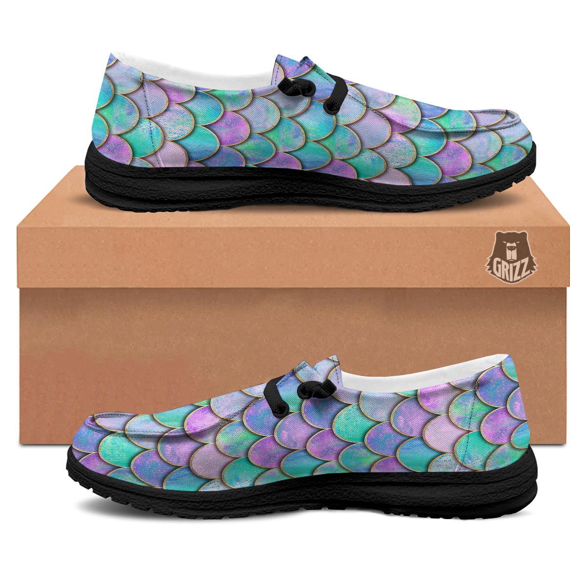 Mermaid Scales Teal Purple Print Pattern Black Loafers-grizzshop