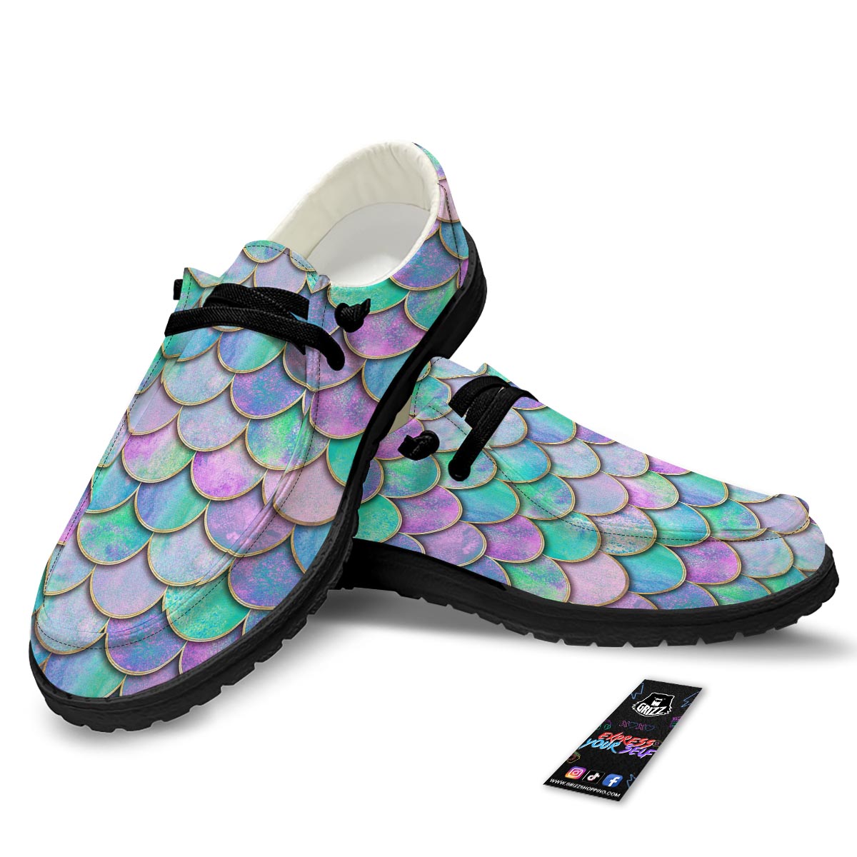 Mermaid Scales Teal Purple Print Pattern Black Loafers-grizzshop