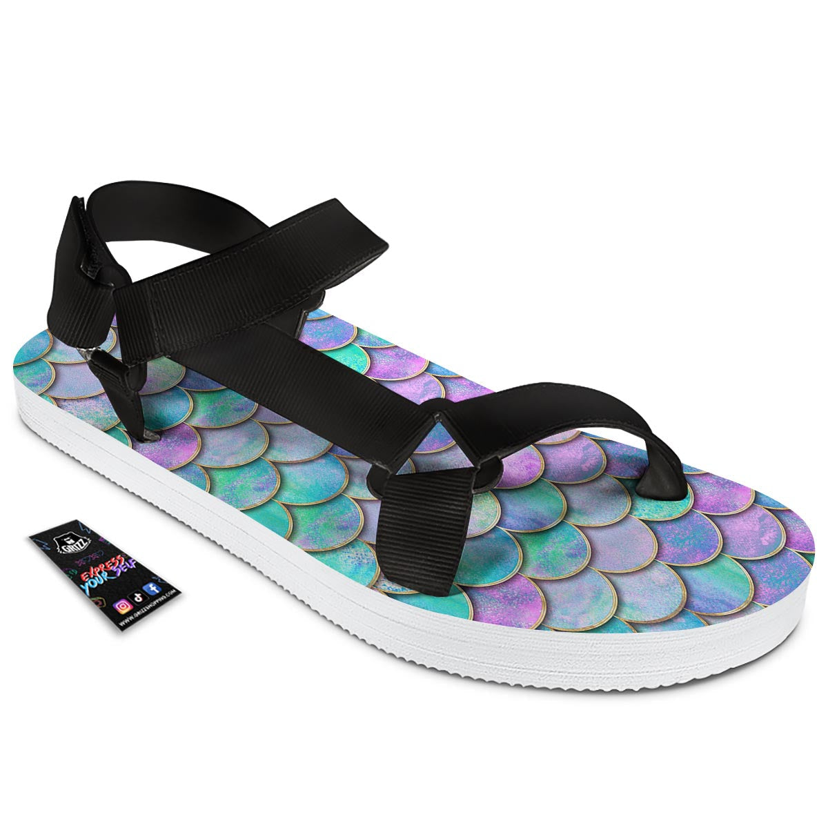 Mermaid Scales Teal Purple Print Pattern Black Open Toe Sandals-grizzshop