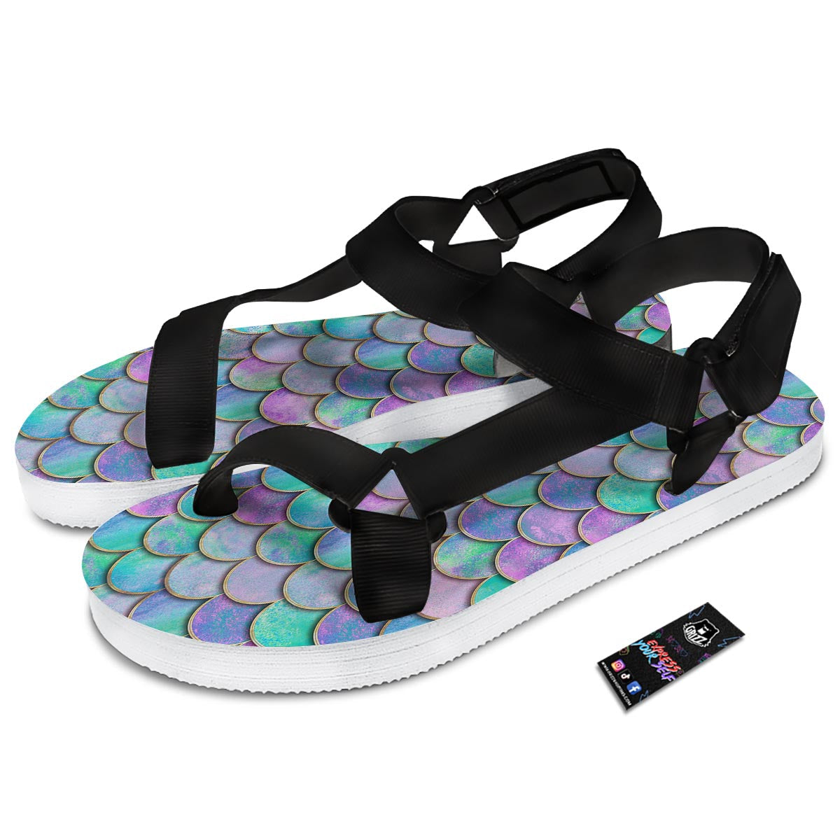 Mermaid Scales Teal Purple Print Pattern Black Open Toe Sandals-grizzshop