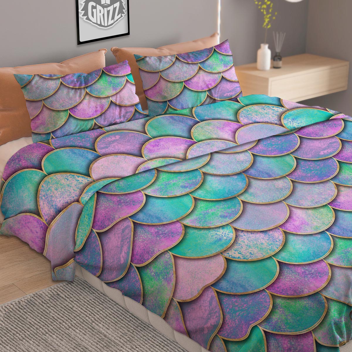 Mermaid Scales Teal Purple Print Pattern Duvet Cover Bedding Set