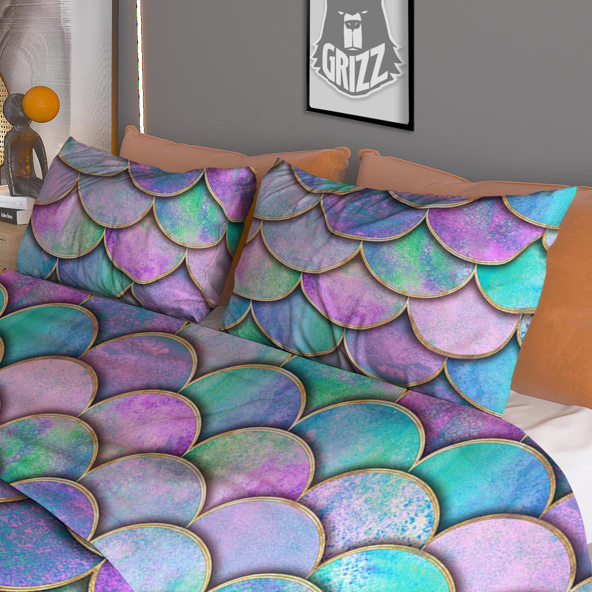 Mermaid Scales Teal Purple Print Pattern Duvet Cover Bedding Set