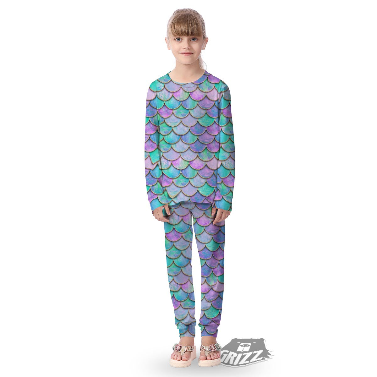 Mermaid Scales Teal Purple Print Pattern Kid's Pajamas-grizzshop