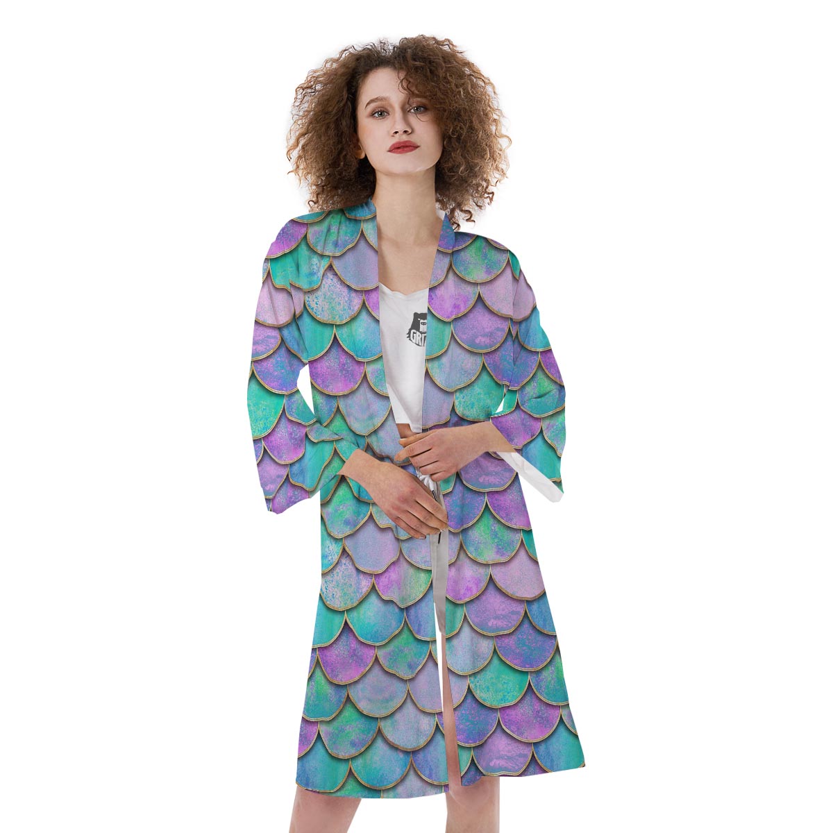 Mermaid Scales Teal Purple Print Pattern Kimono-grizzshop