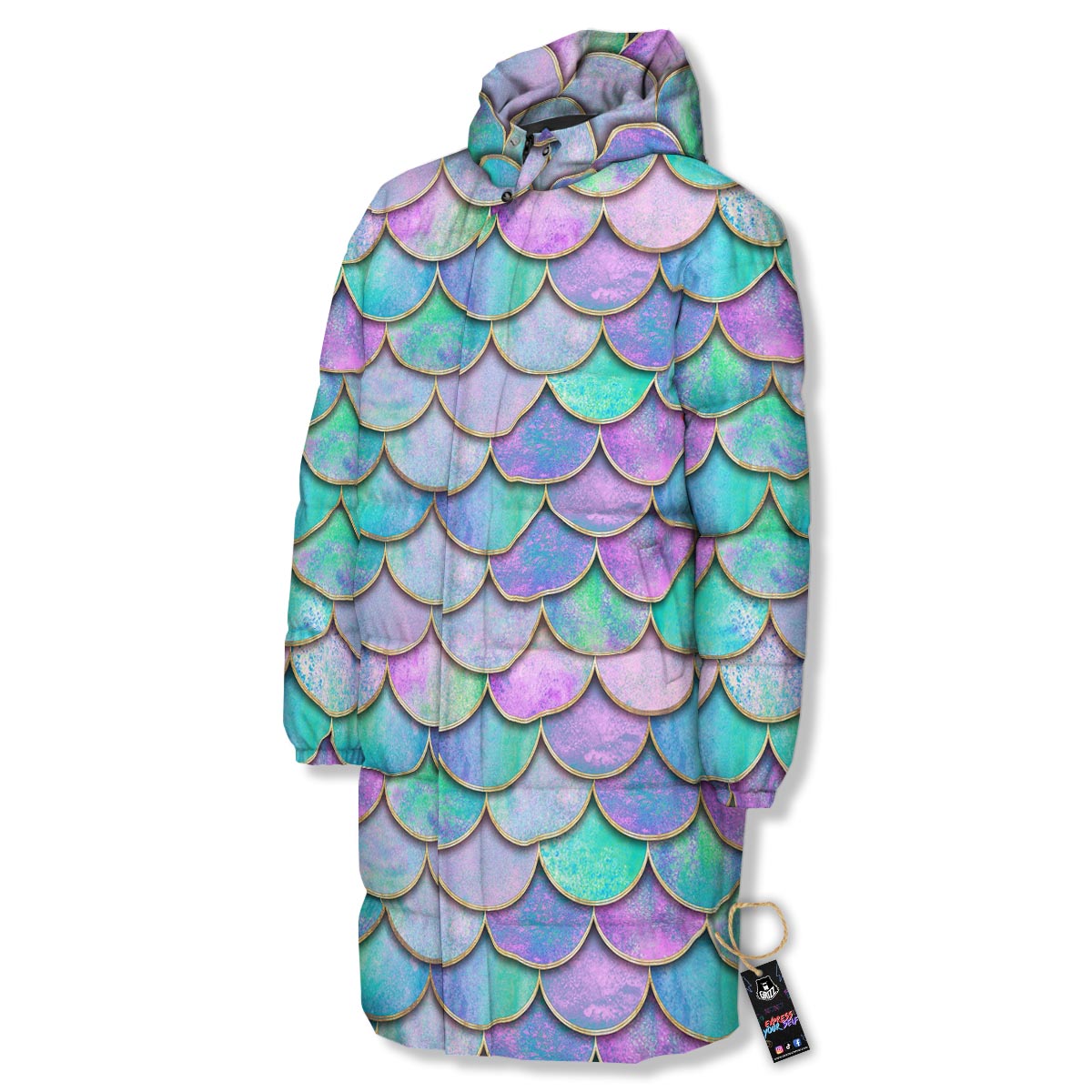 Mermaid Scales Teal Purple Print Pattern Long Down Jacket-grizzshop